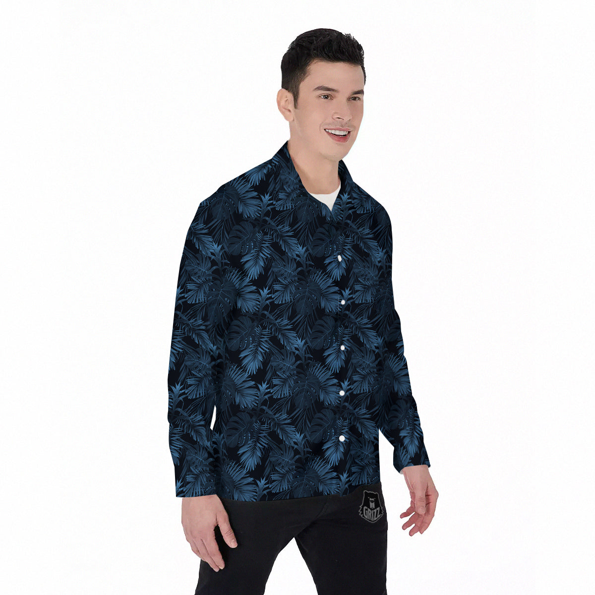 Tropical Leaf Dark Blue Print Pattern Men's Long Sleeve Shirts-grizzshop
