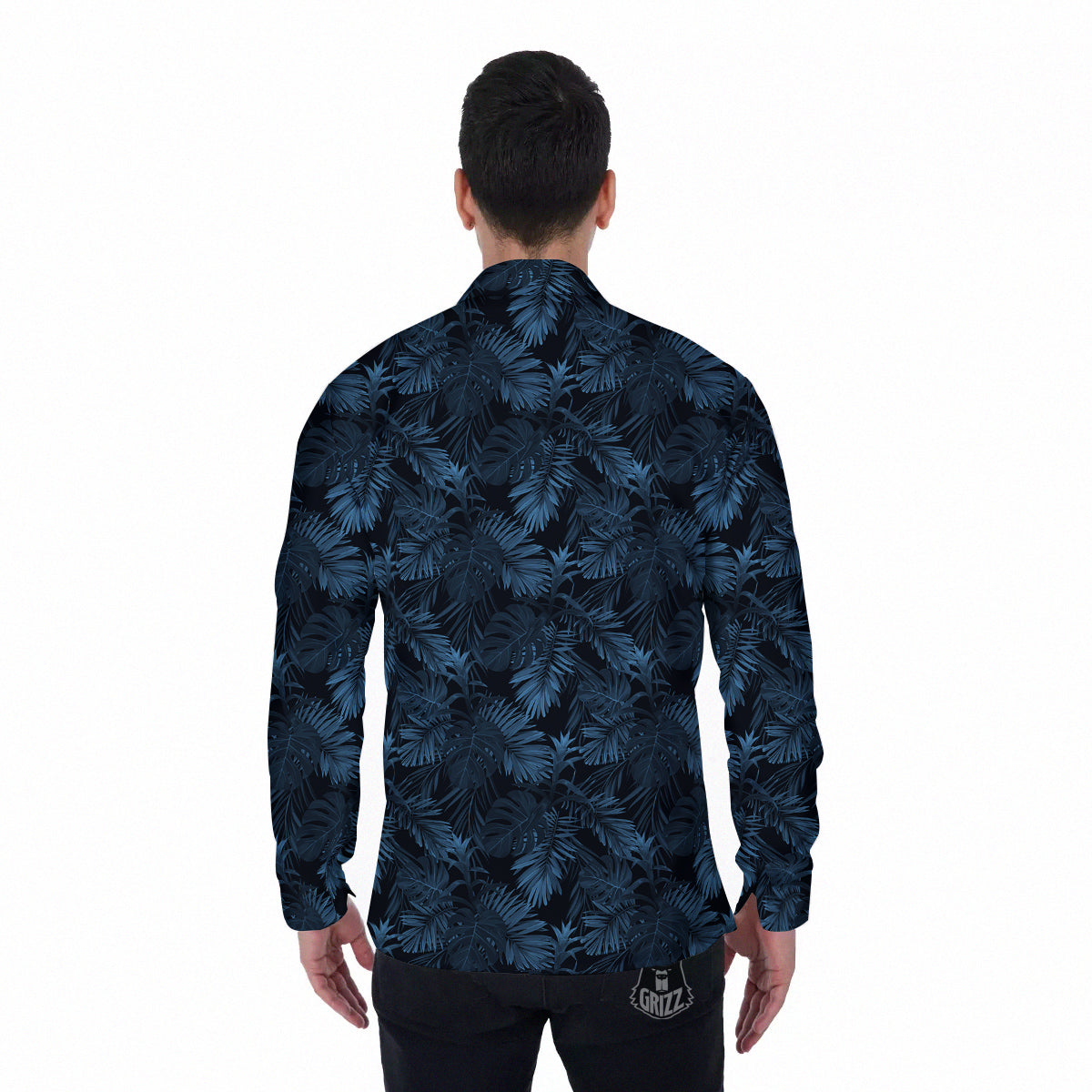 Tropical Leaf Dark Blue Print Pattern Men's Long Sleeve Shirts-grizzshop