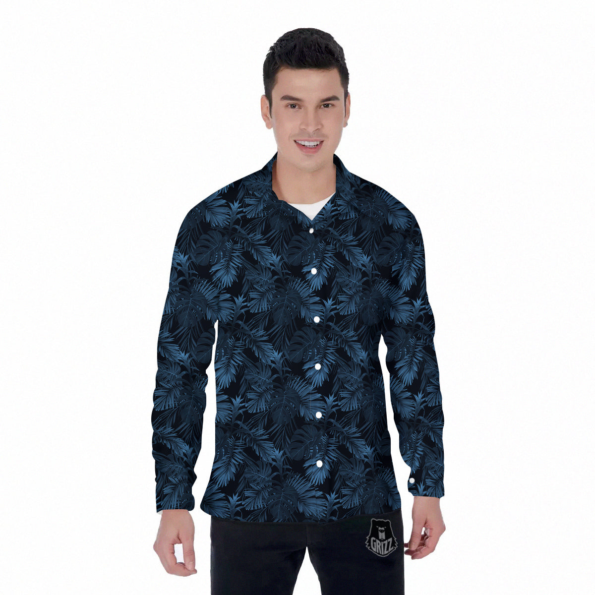 Tropical Leaf Dark Blue Print Pattern Men's Long Sleeve Shirts-grizzshop