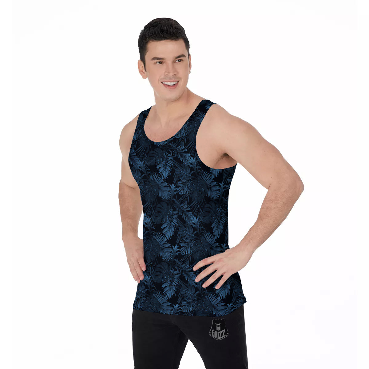 Tropical Leaf Dark Blue Print Pattern Men's Tank Top-grizzshop