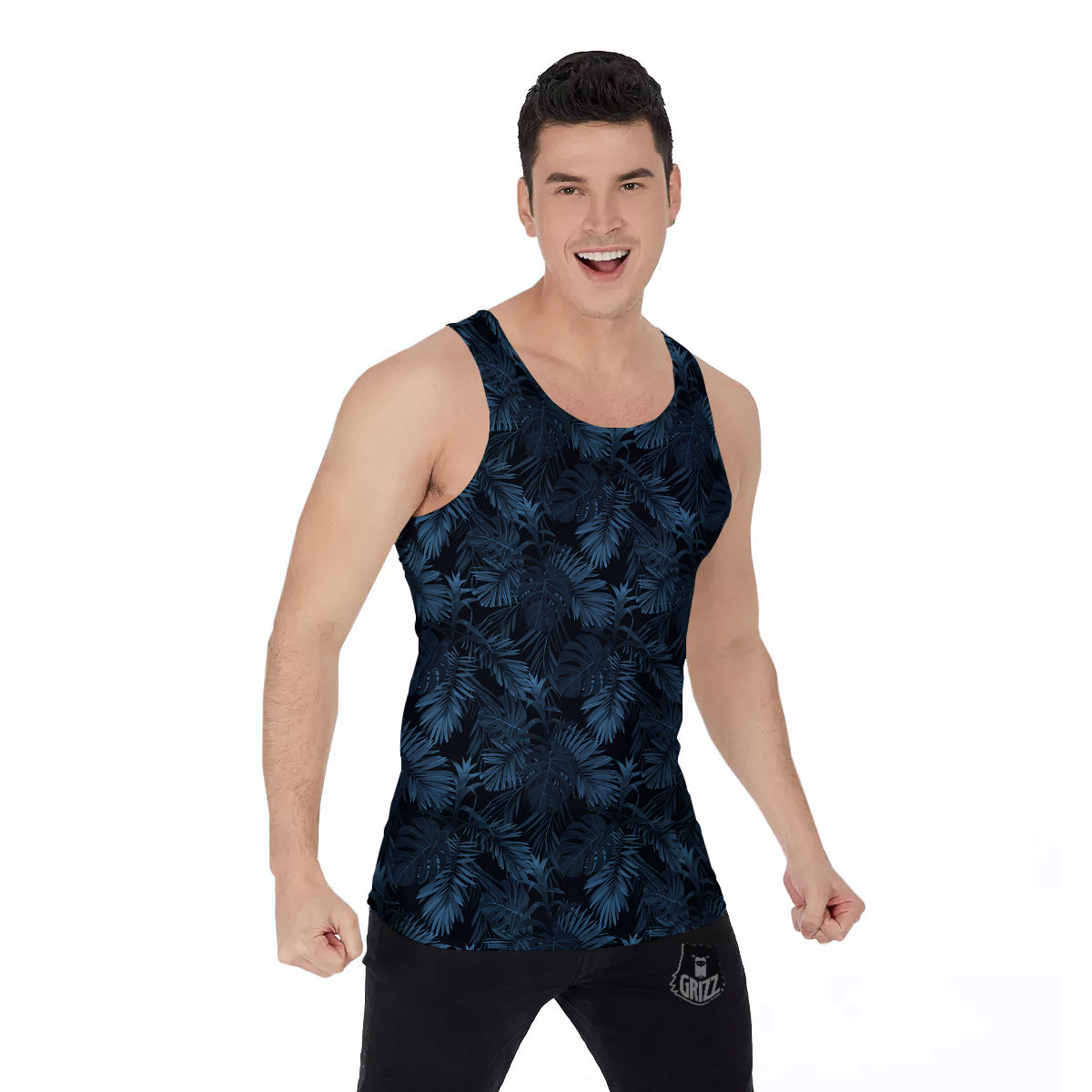 Tropical Leaf Dark Blue Print Pattern Men's Tank Top-grizzshop