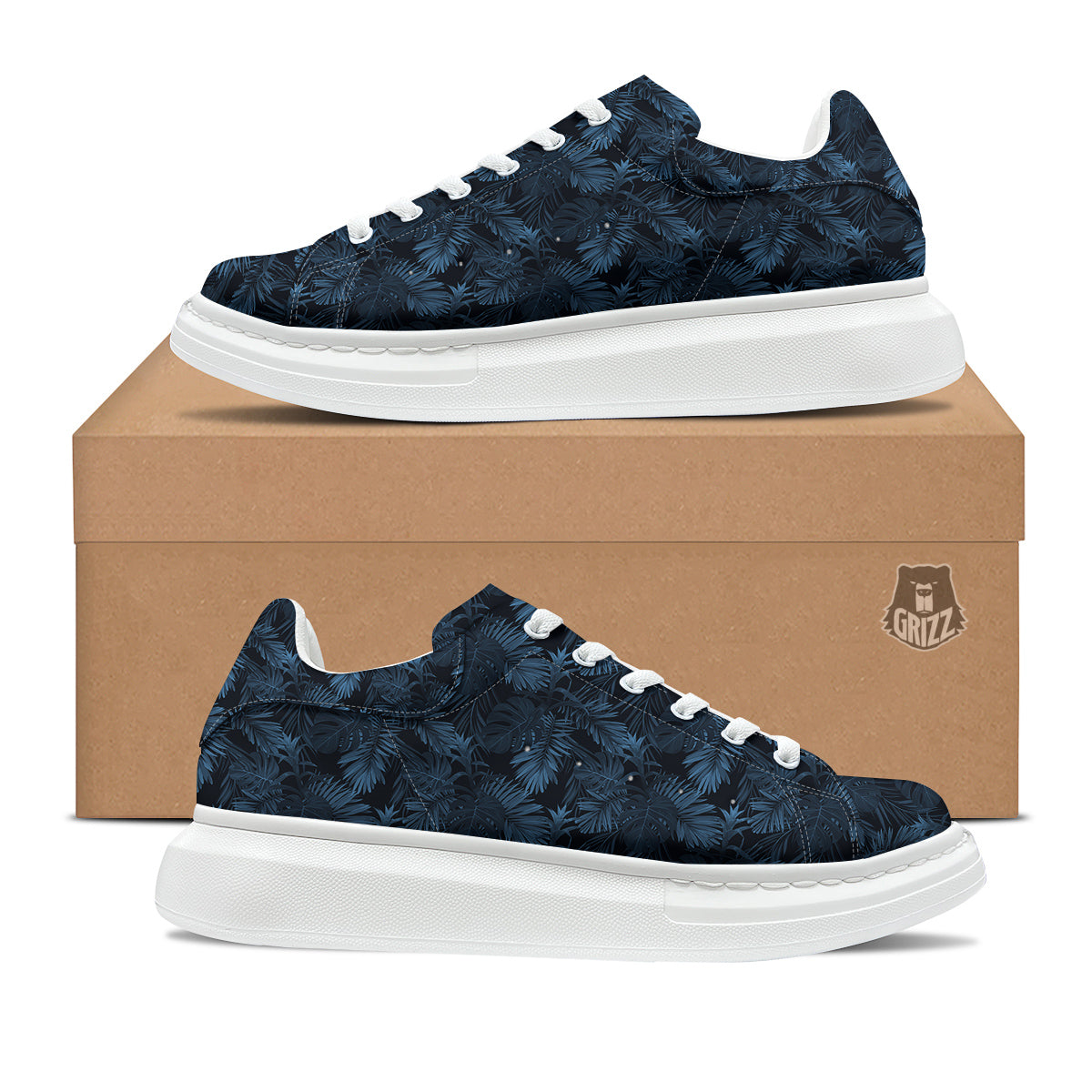Tropical Leaf Dark Blue Print Pattern Platform Shoes-grizzshop