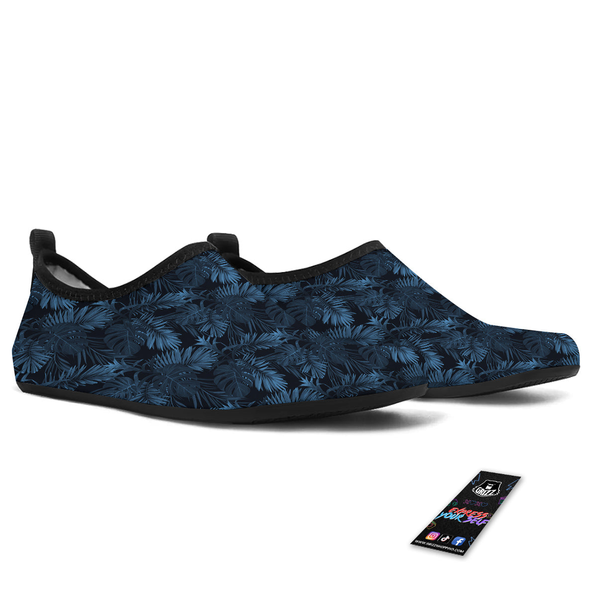 Tropical Leaf Dark Blue Print Pattern Water Shoes-grizzshop