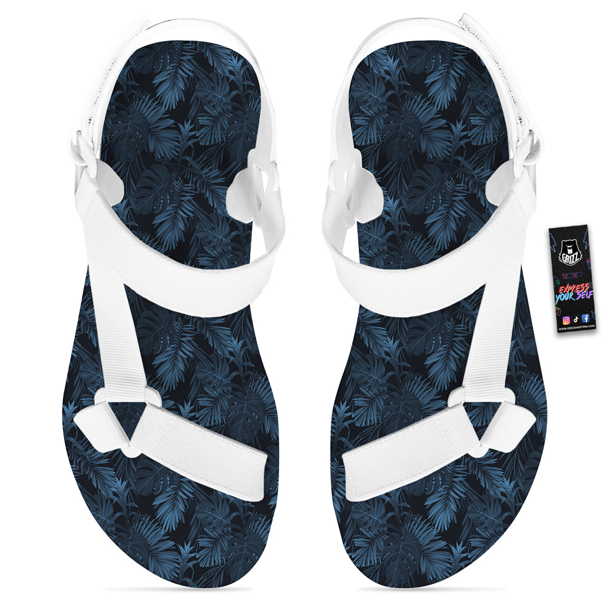 Tropical Leaf Dark Blue Print Pattern White Open Toe Sandals-grizzshop