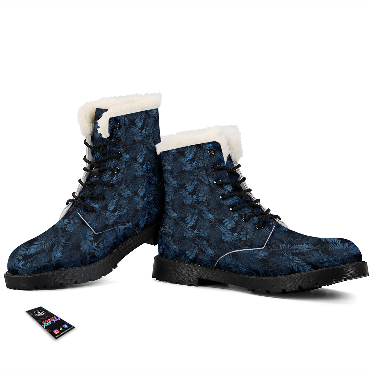Tropical Leaf Dark Blue Print Pattern Winter Boots-grizzshop