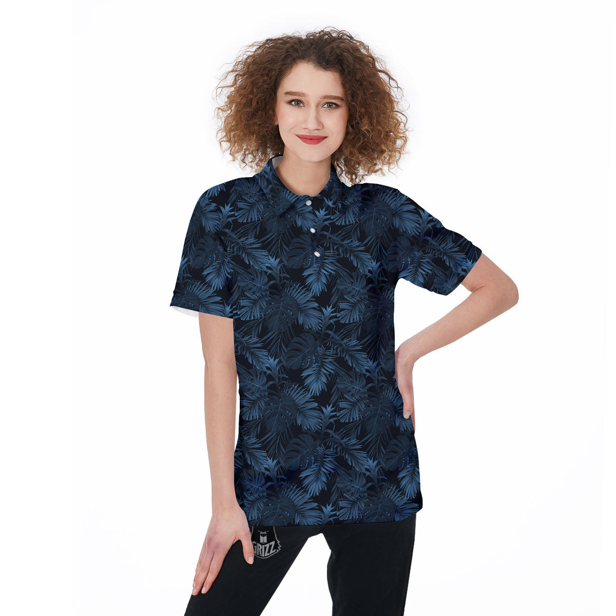 Tropical Leaf Dark Blue Print Pattern Women's Golf Shirts-grizzshop