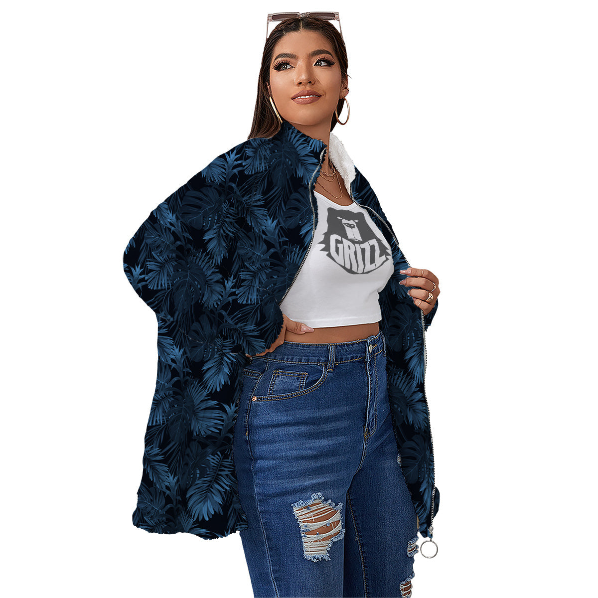 Tropical Leaf Dark Blue Print Pattern Women's Sherpa Jacket-grizzshop