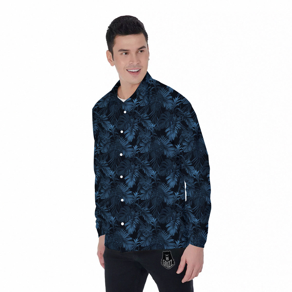 Tropical Leaf Dark Print Pattern Men's Long Sleeve Shirts-grizzshop