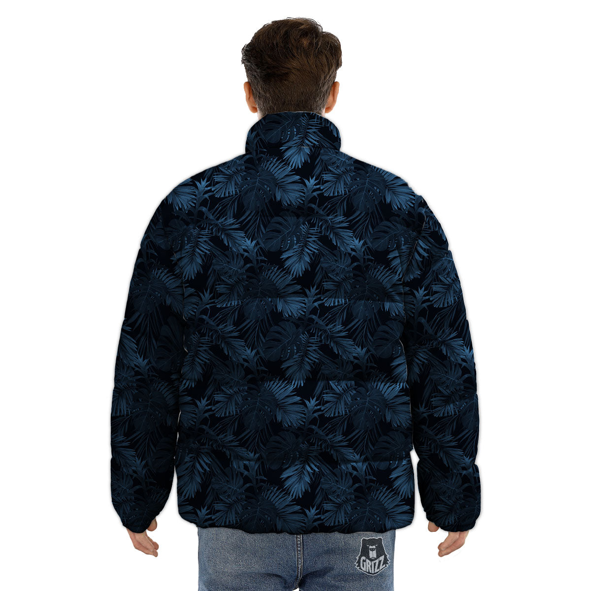 Tropical Leaf Dark Print Pattern Puffer Jacket-grizzshop