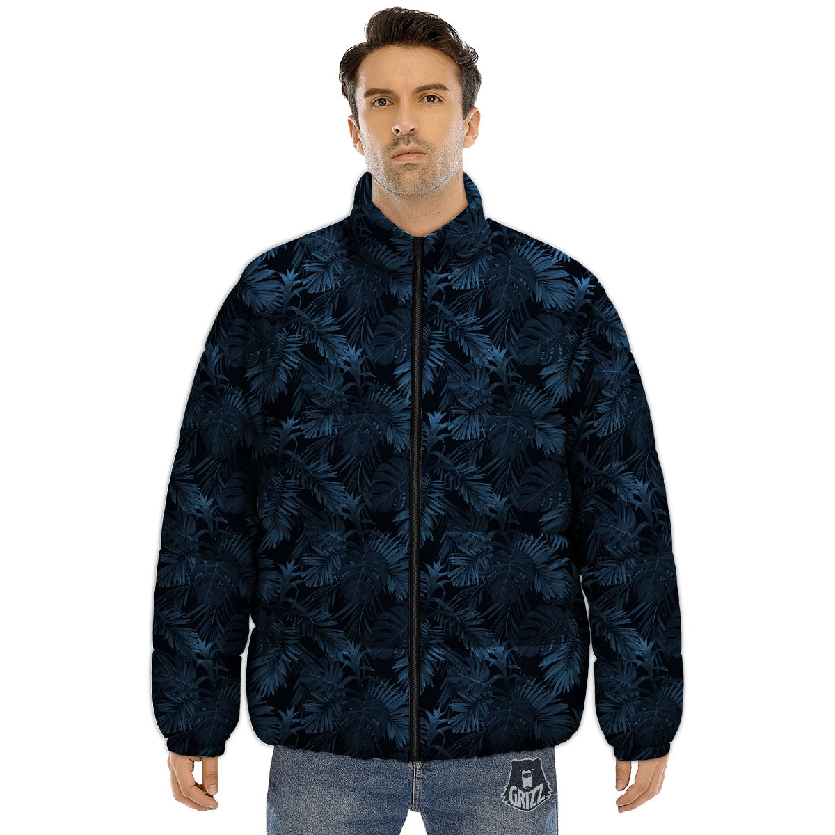 Tropical Leaf Dark Print Pattern Puffer Jacket-grizzshop