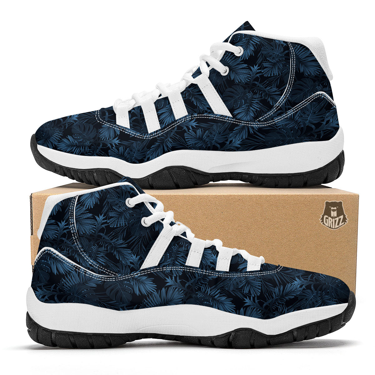 Tropical Leaf Dark Print Pattern White Bball Shoes-grizzshop