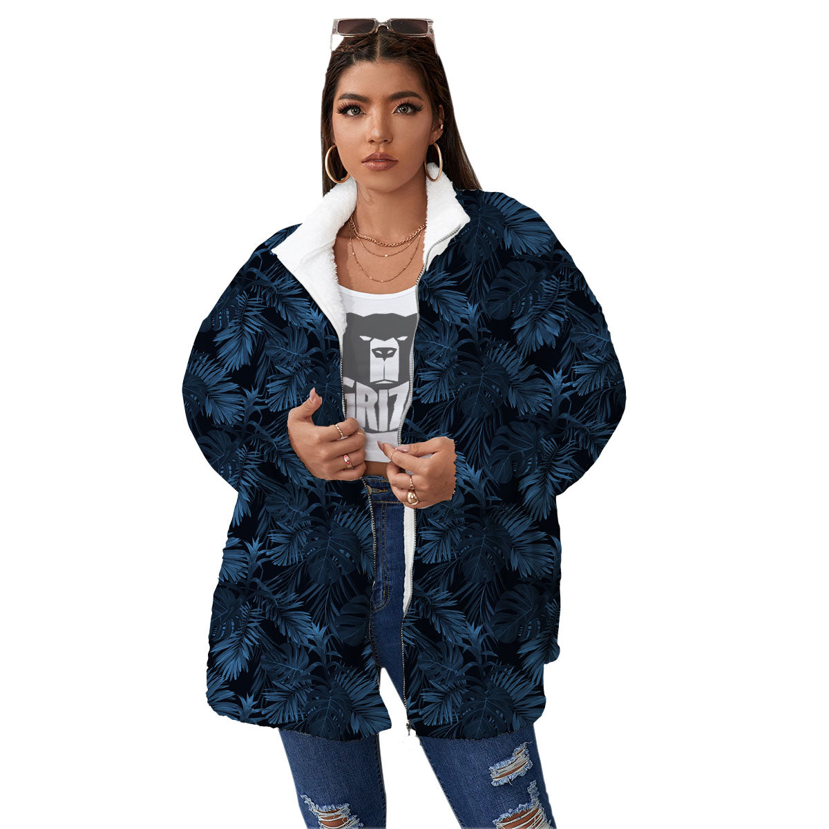 Tropical Leaf Dark Print Pattern Women's Sherpa Jacket-grizzshop