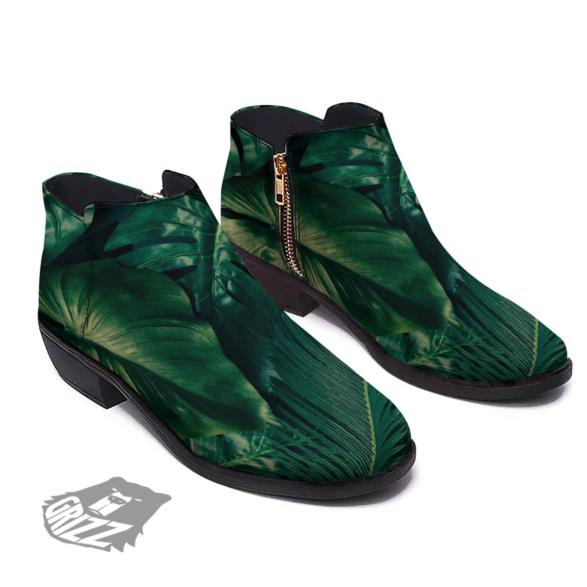 Tropical Leaf Natural Print Ankle Boots-grizzshop
