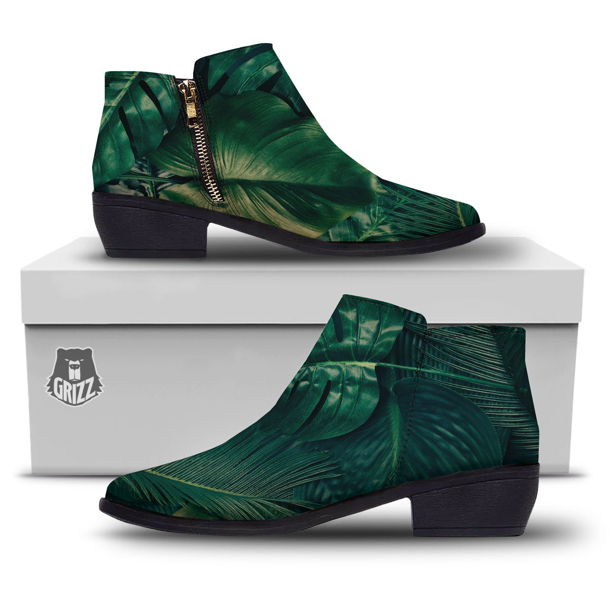 Tropical Leaf Natural Print Ankle Boots-grizzshop