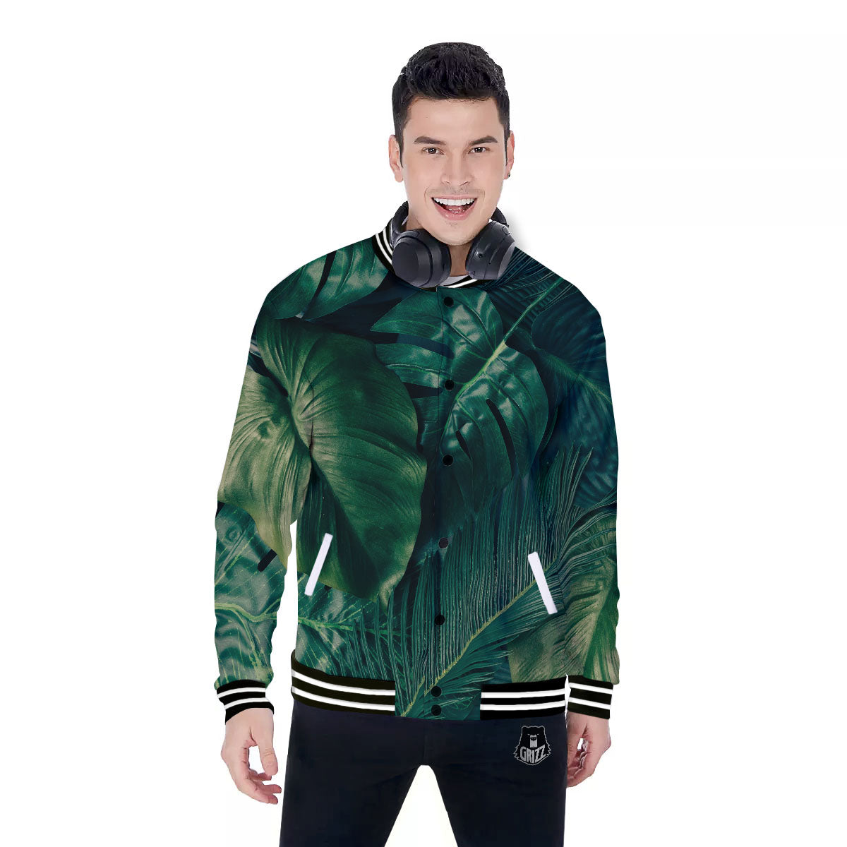Tropical Leaf Natural Print Baseball Jacket-grizzshop