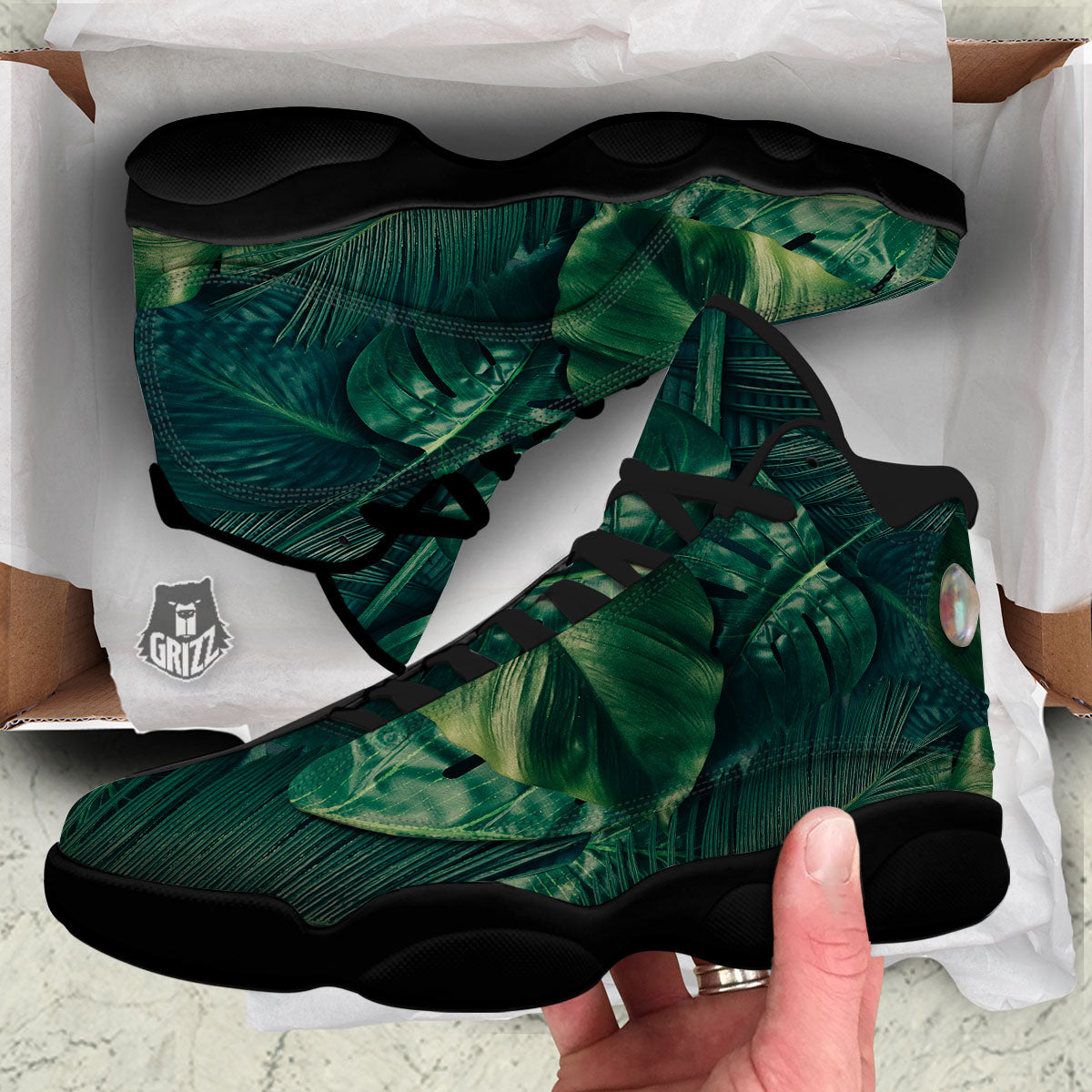 Tropical Leaf Natural Print Black Basketball Shoes-grizzshop
