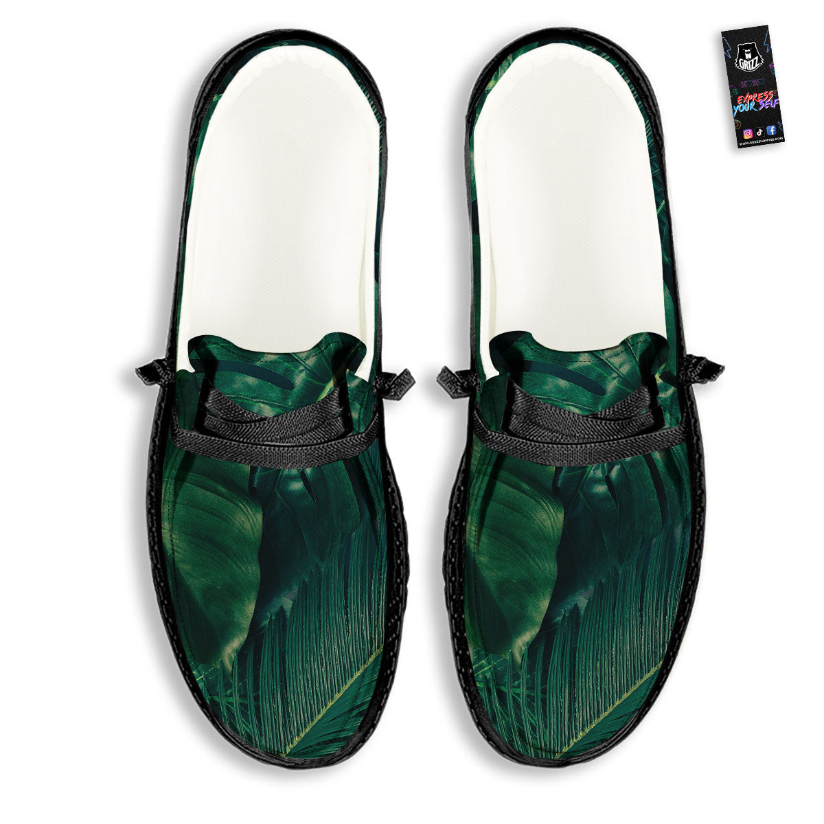Tropical Leaf Natural Print Black Loafers-grizzshop