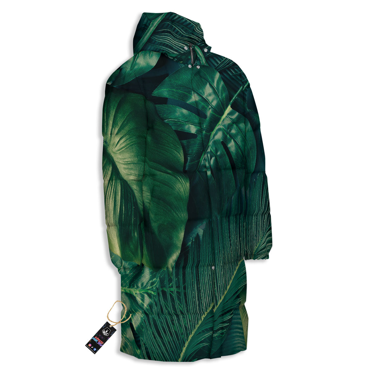 Tropical Leaf Natural Print Long Down Jacket-grizzshop