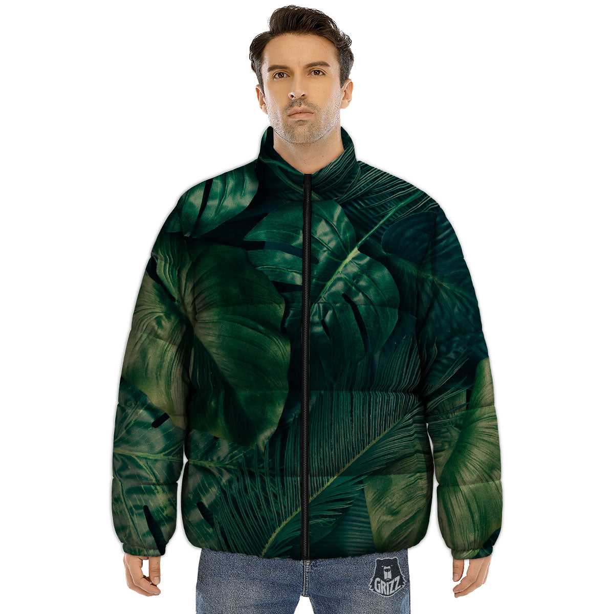 Tropical Leaf Natural Print Puffer Jacket-grizzshop