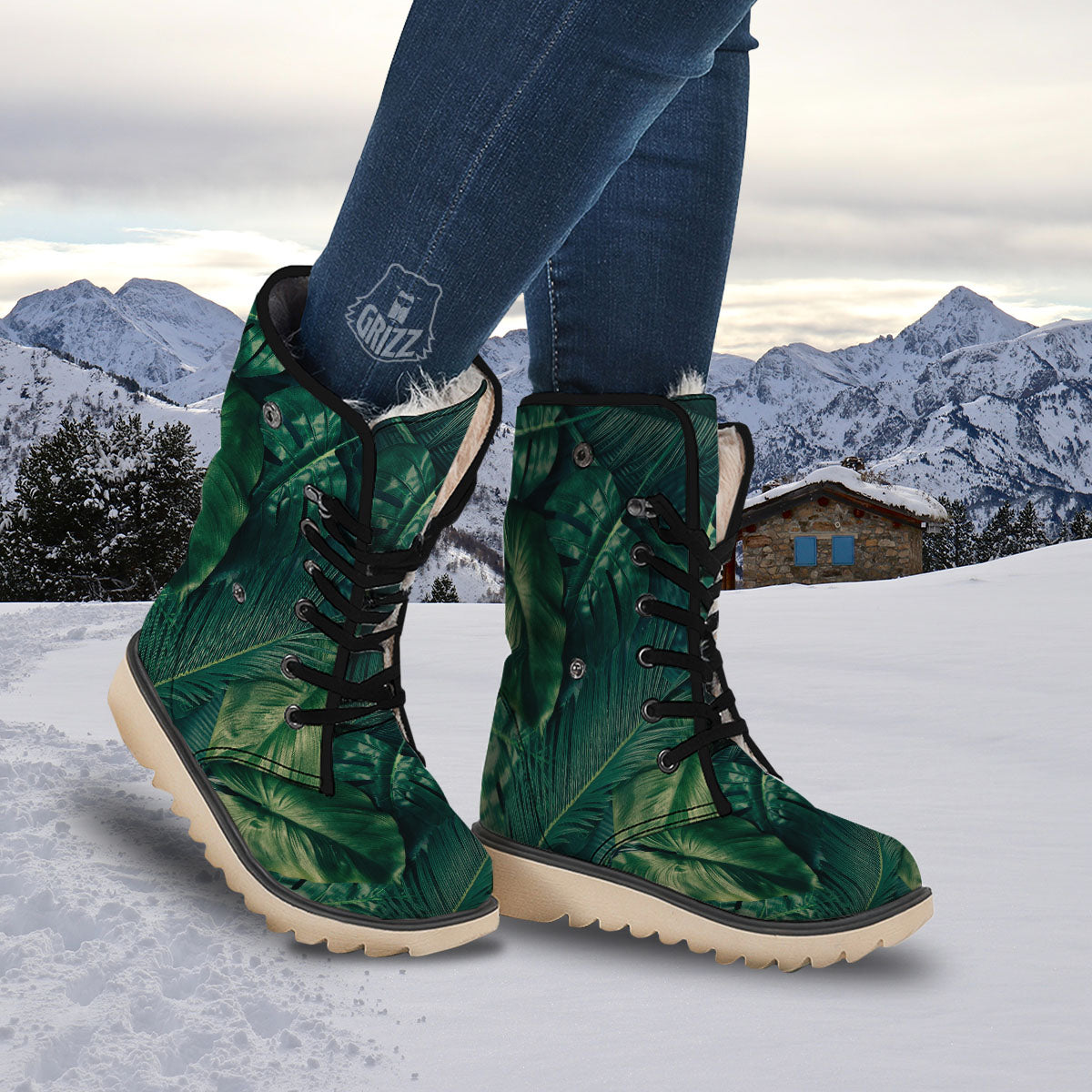 Tropical Leaf Natural Print Snow Boots-grizzshop