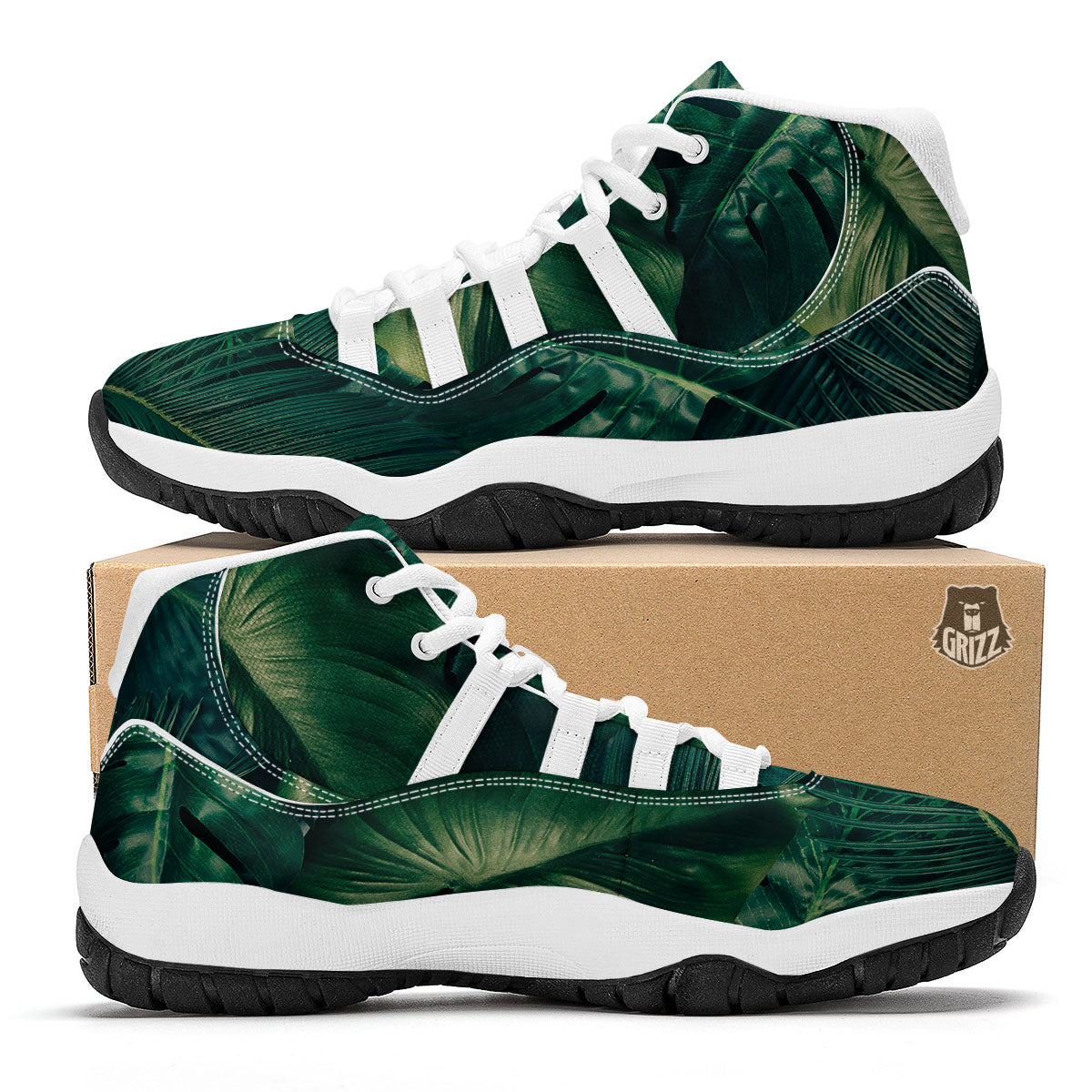 Tropical Leaf Natural Print White Bball Shoes-grizzshop