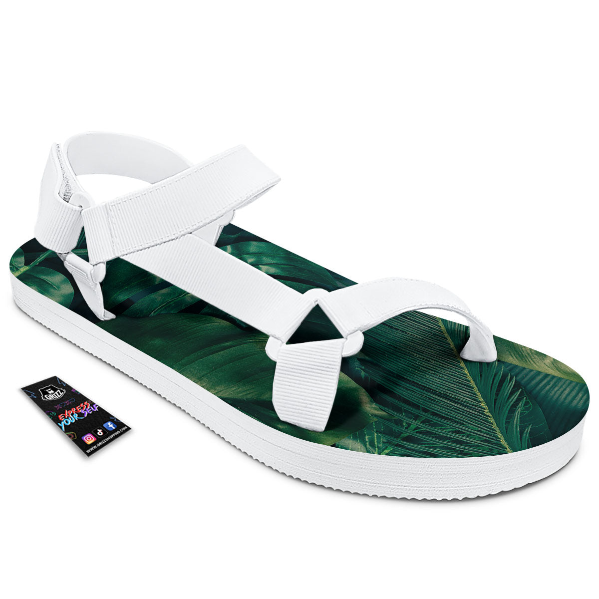 Tropical Leaf Natural Print White Open Toe Sandals-grizzshop