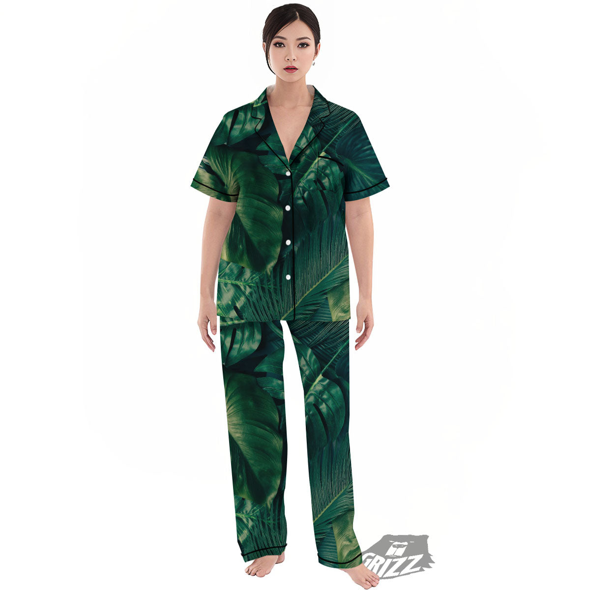 Tropical Leaf Natural Print Women's Pajamas Set-grizzshop