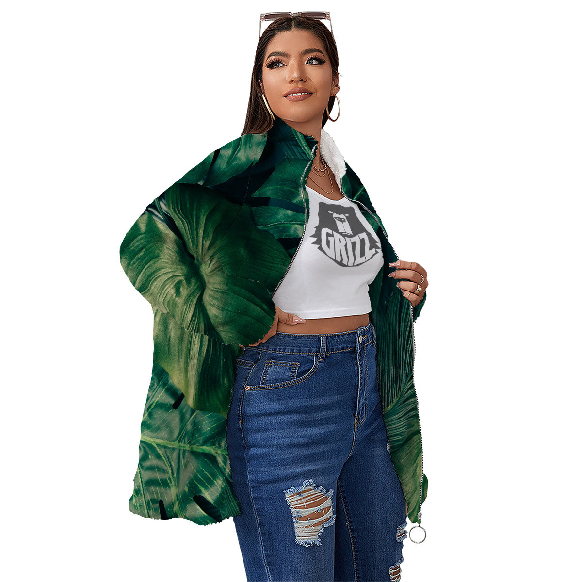 Tropical Leaf Natural Print Women's Sherpa Jacket-grizzshop