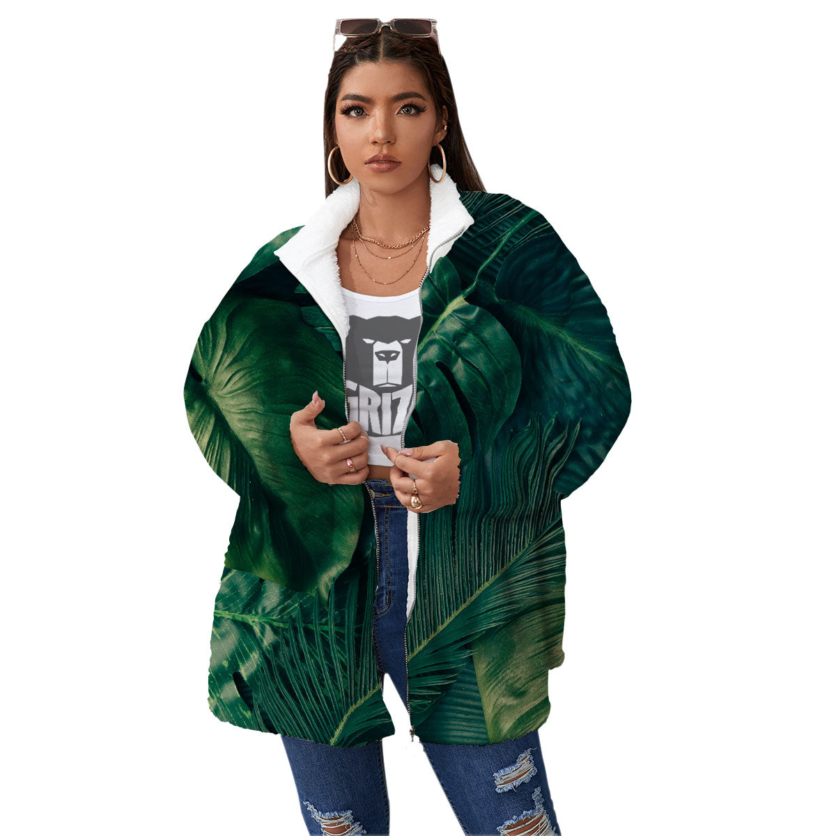 Tropical Leaf Natural Print Women's Sherpa Jacket-grizzshop