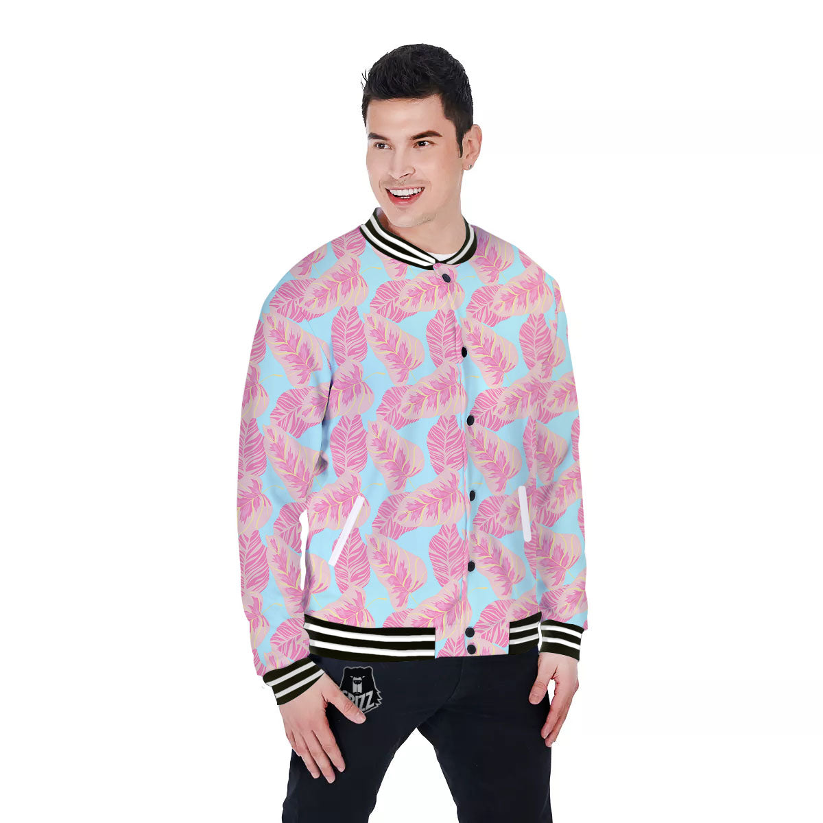 Tropical Leaf Pink And Teal Print Pattern Baseball Jacket-grizzshop