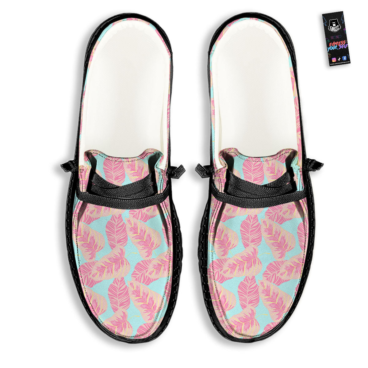 Tropical Leaf Pink And Teal Print Pattern Black Loafers-grizzshop
