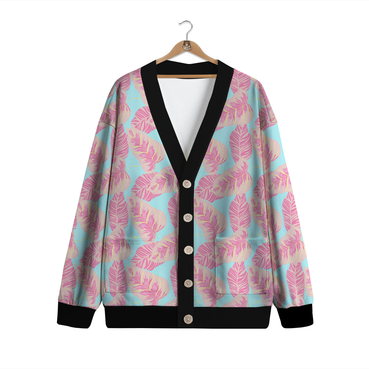 Tropical Leaf Pink And Teal Print Pattern Cardigan-grizzshop