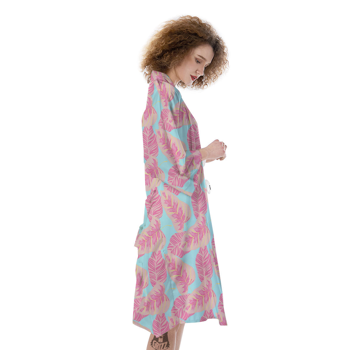 Tropical Leaf Pink And Teal Print Pattern Kimono-grizzshop