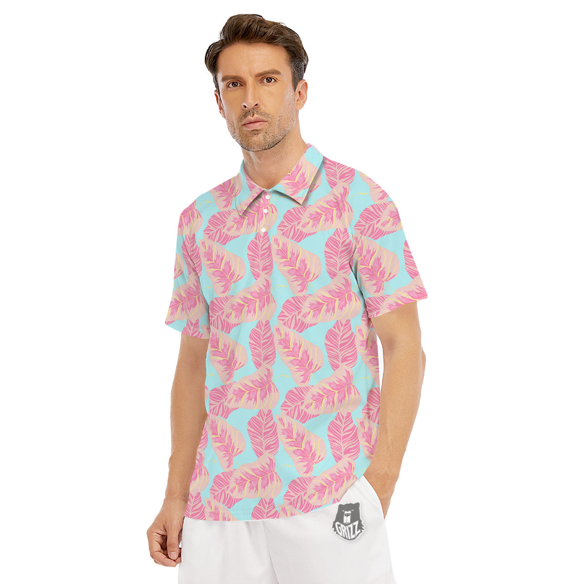 Tropical Leaf Pink And Teal Print Pattern Men's Golf Shirts-grizzshop