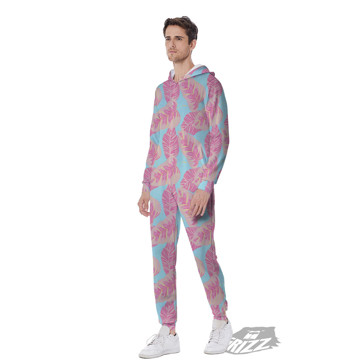 Tropical Leaf Pink And Teal Print Pattern Men's Jumpsuit-grizzshop