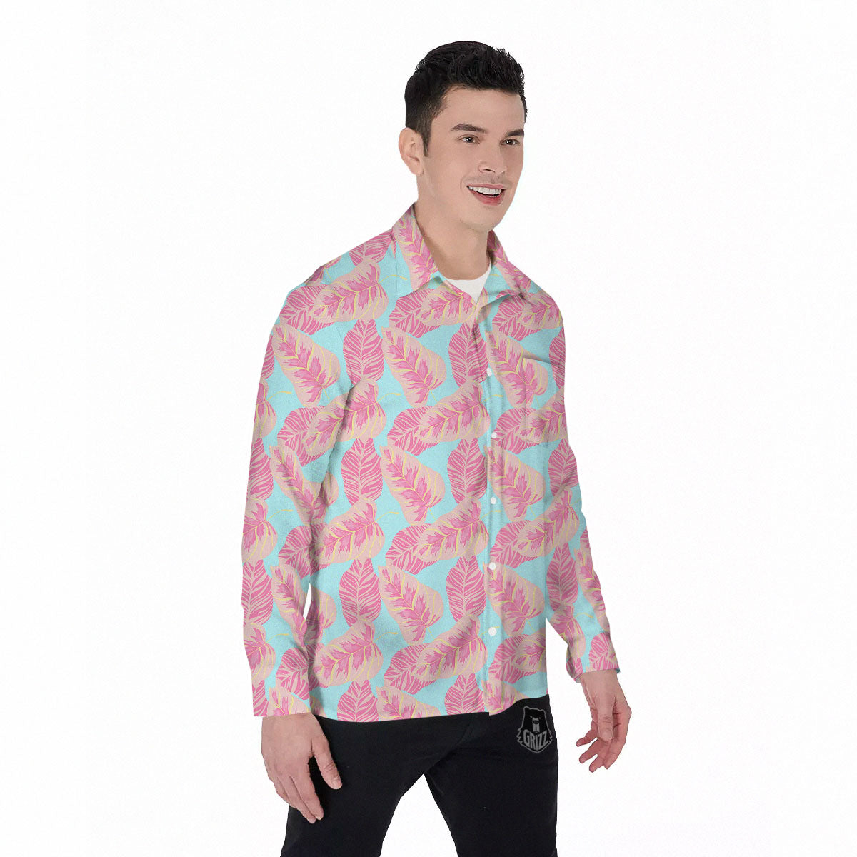 Tropical Leaf Pink And Teal Print Pattern Men's Long Sleeve Shirts-grizzshop
