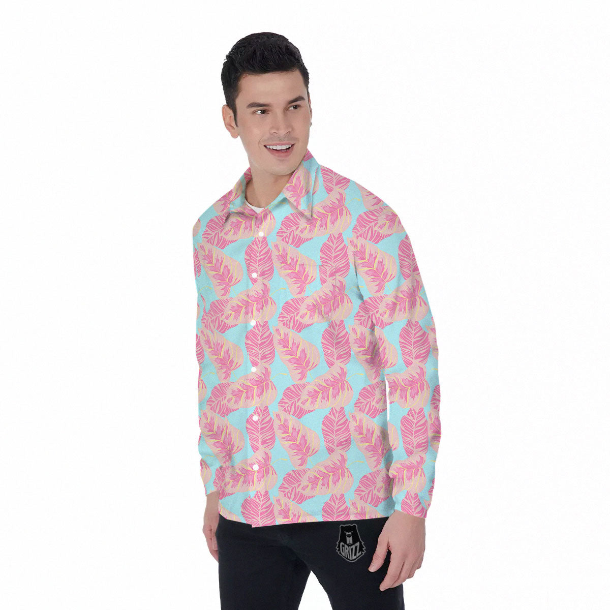 Tropical Leaf Pink And Teal Print Pattern Men's Long Sleeve Shirts-grizzshop