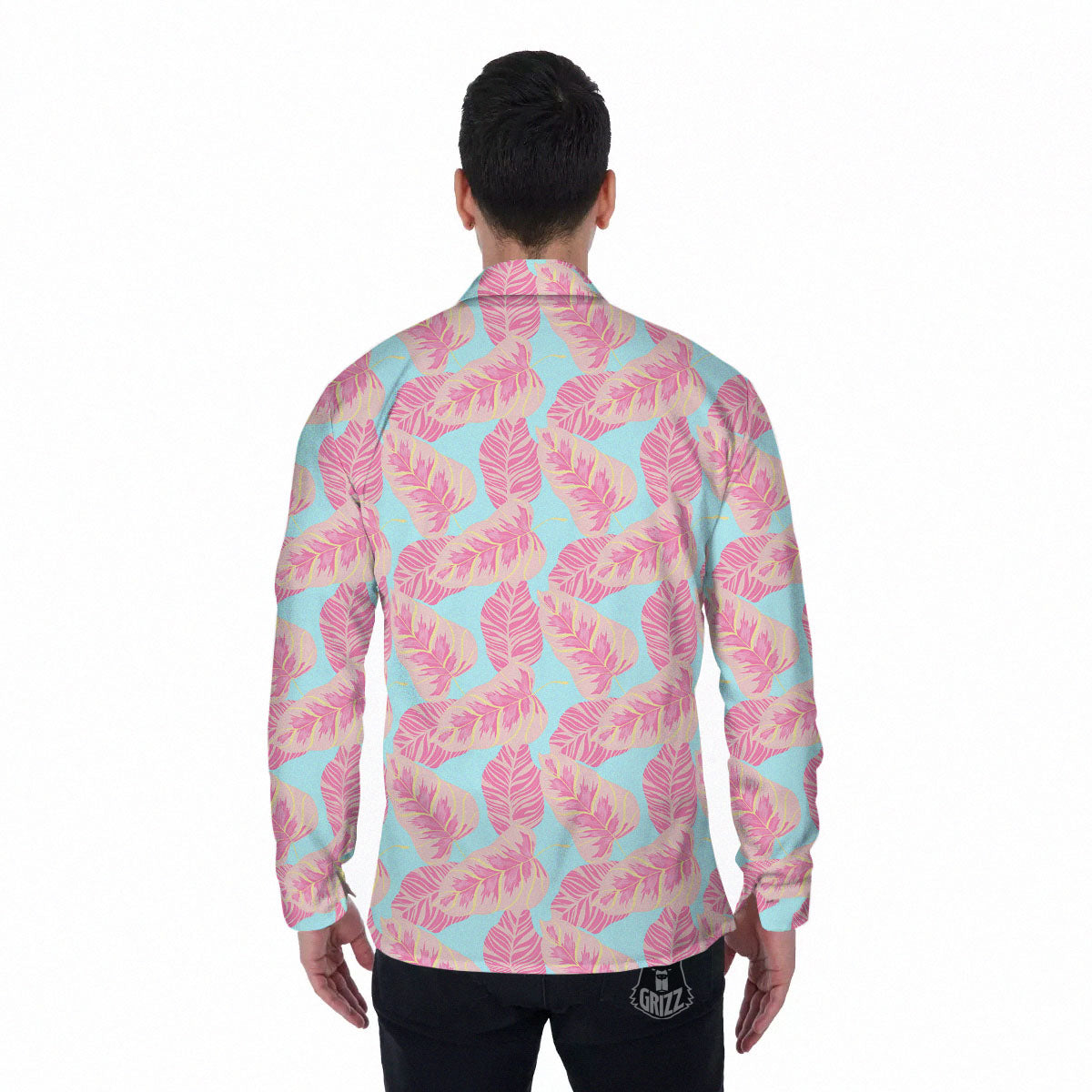 Tropical Leaf Pink And Teal Print Pattern Men's Long Sleeve Shirts-grizzshop