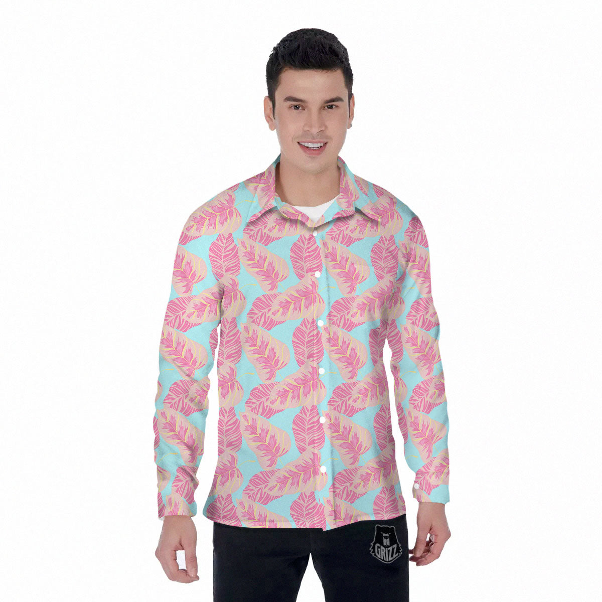 Tropical Leaf Pink And Teal Print Pattern Men's Long Sleeve Shirts-grizzshop