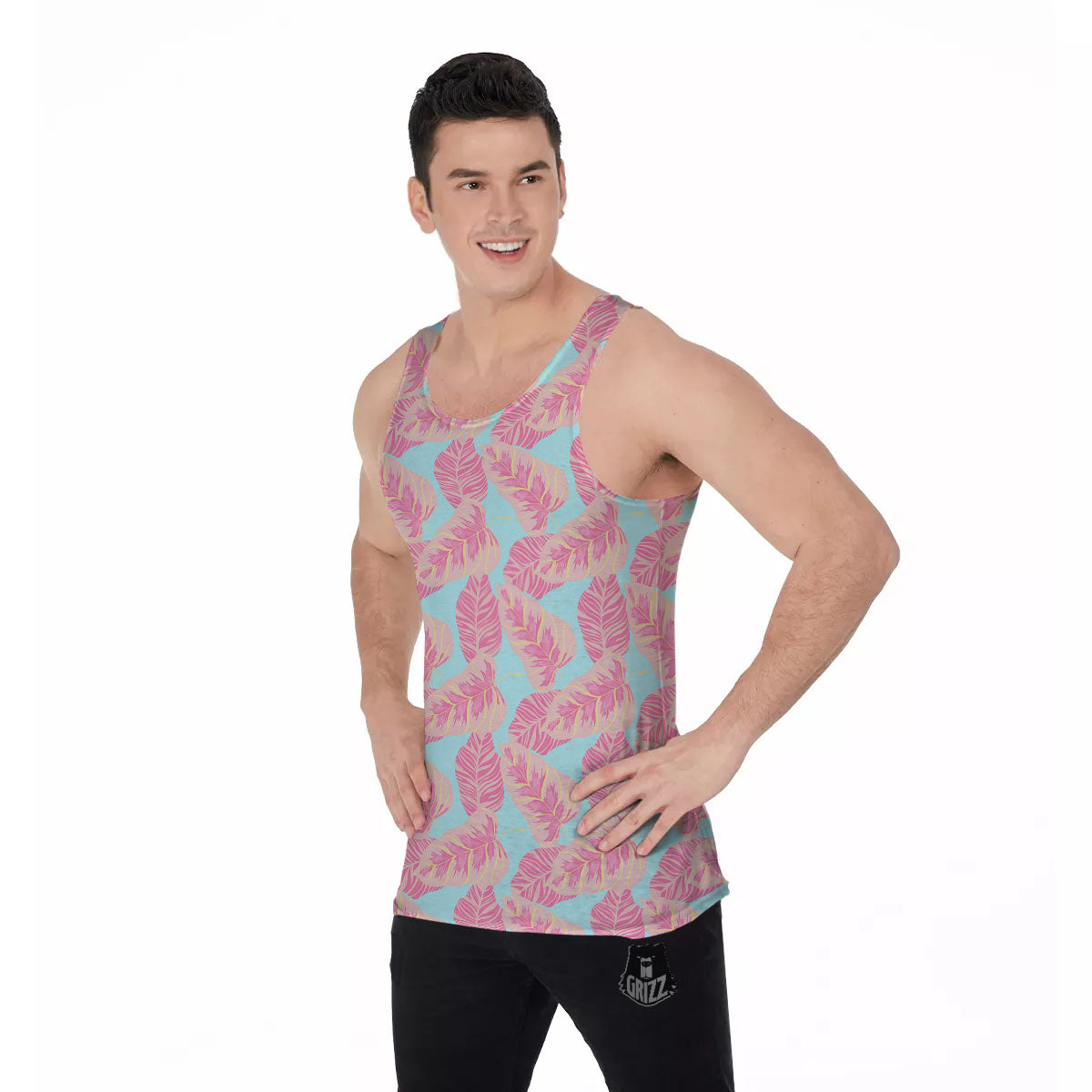 Tropical Leaf Pink And Teal Print Pattern Men's Tank Top-grizzshop