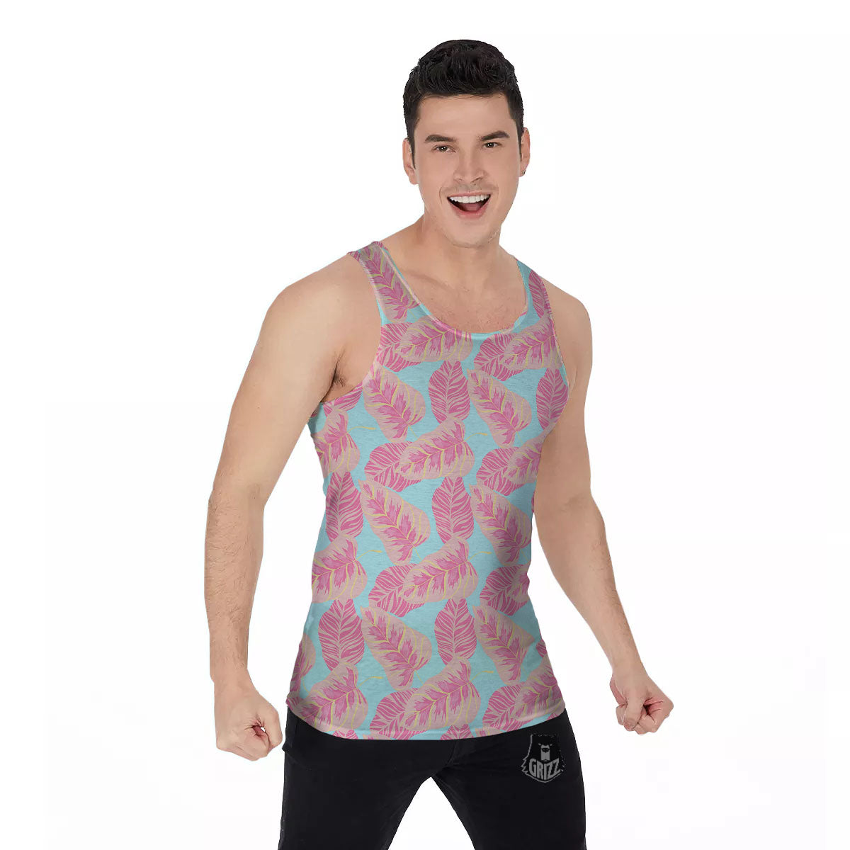 Tropical Leaf Pink And Teal Print Pattern Men's Tank Top-grizzshop