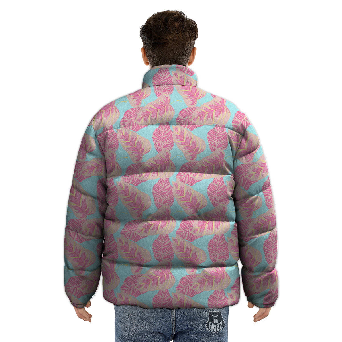 Tropical Leaf Pink And Teal Print Pattern Puffer Jacket-grizzshop