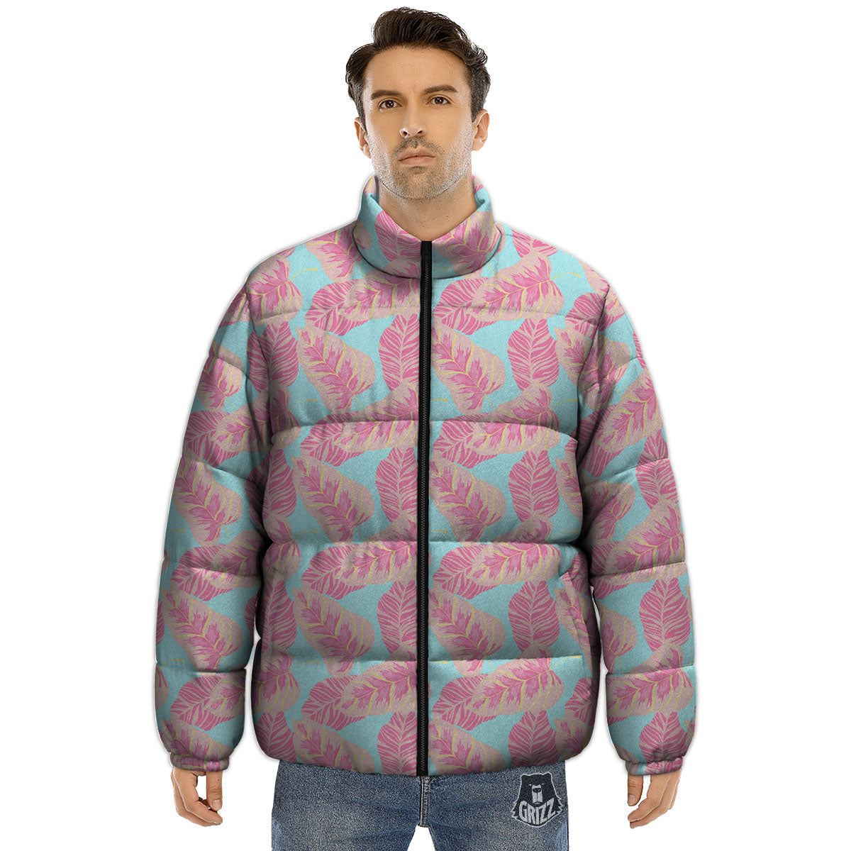 Tropical Leaf Pink And Teal Print Pattern Puffer Jacket-grizzshop