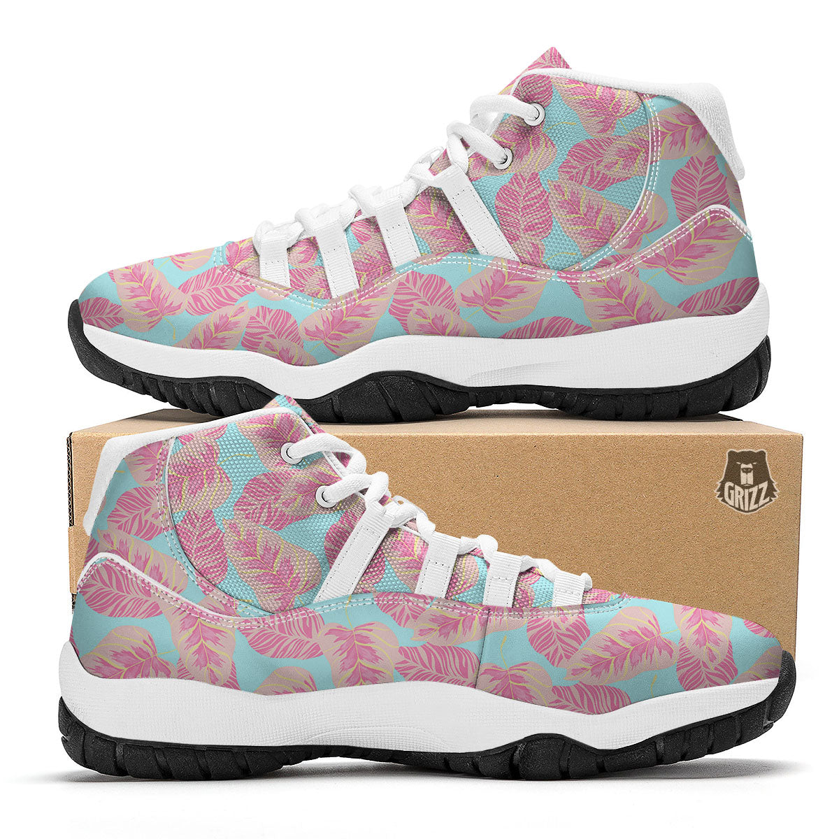 Tropical Leaf Pink And Teal Print Pattern White Bball Shoes-grizzshop