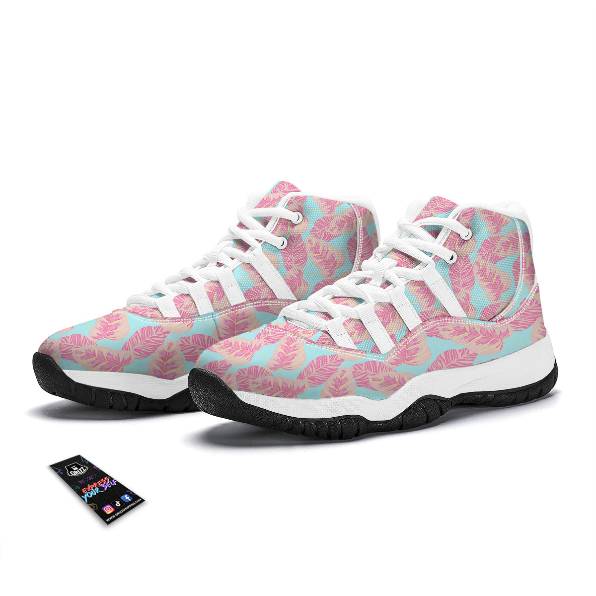 Tropical Leaf Pink And Teal Print Pattern White Bball Shoes-grizzshop
