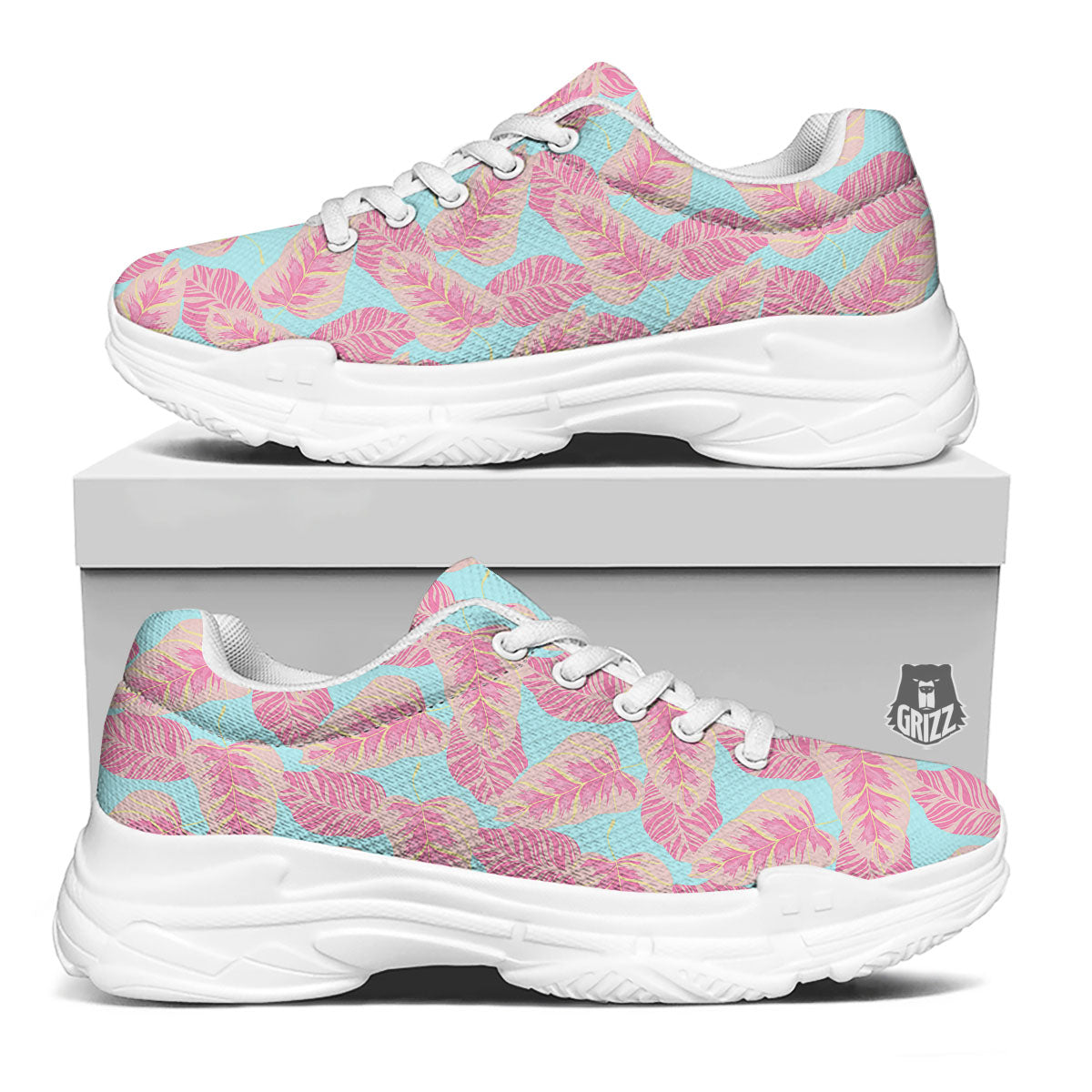 Tropical Leaf Pink And Teal Print Pattern White Chunky Shoes-grizzshop