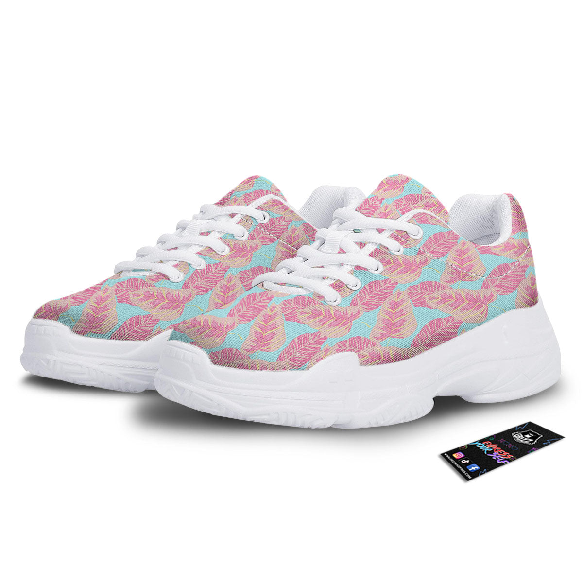 Tropical Leaf Pink And Teal Print Pattern White Chunky Shoes-grizzshop