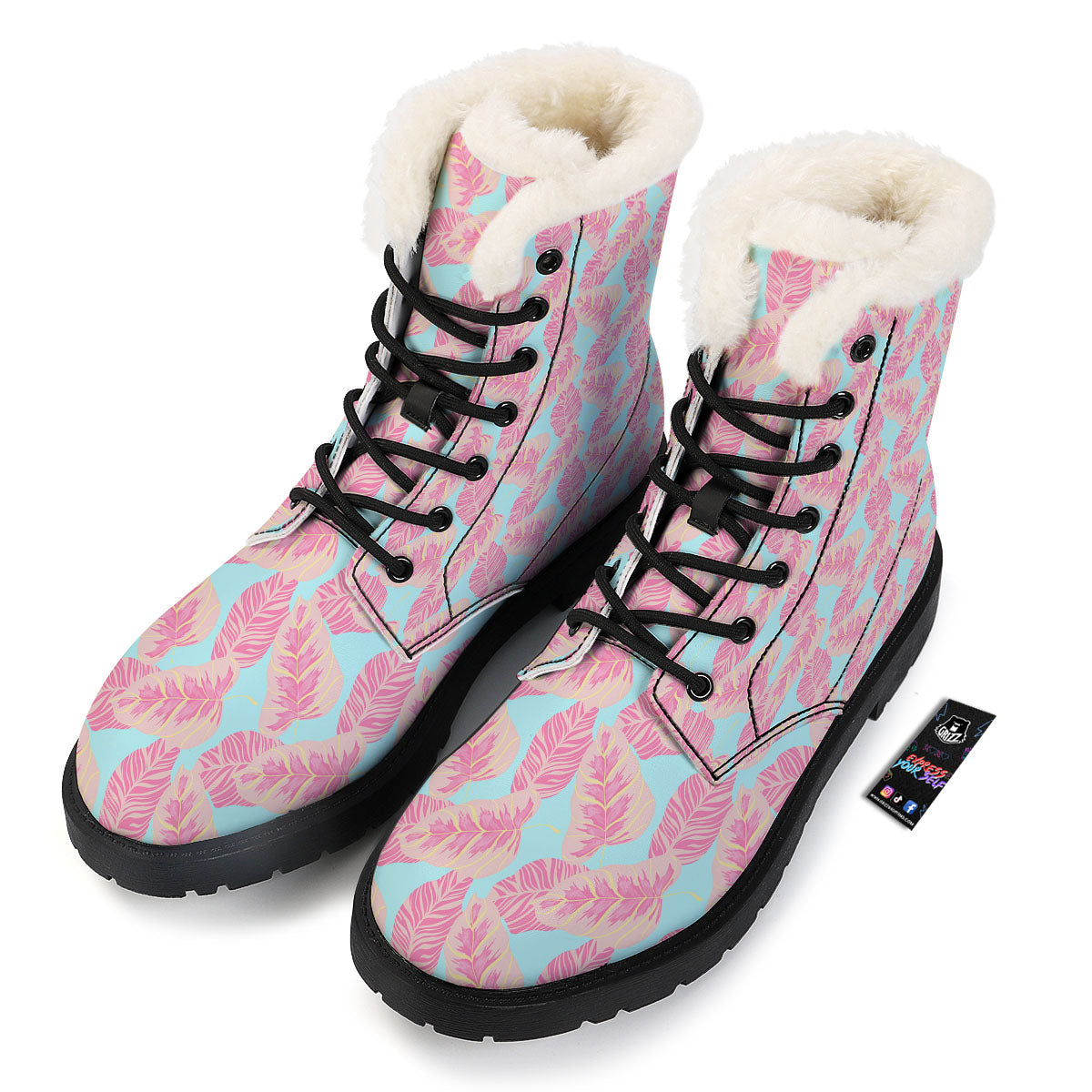 Tropical Leaf Pink And Teal Print Pattern Winter Boots-grizzshop