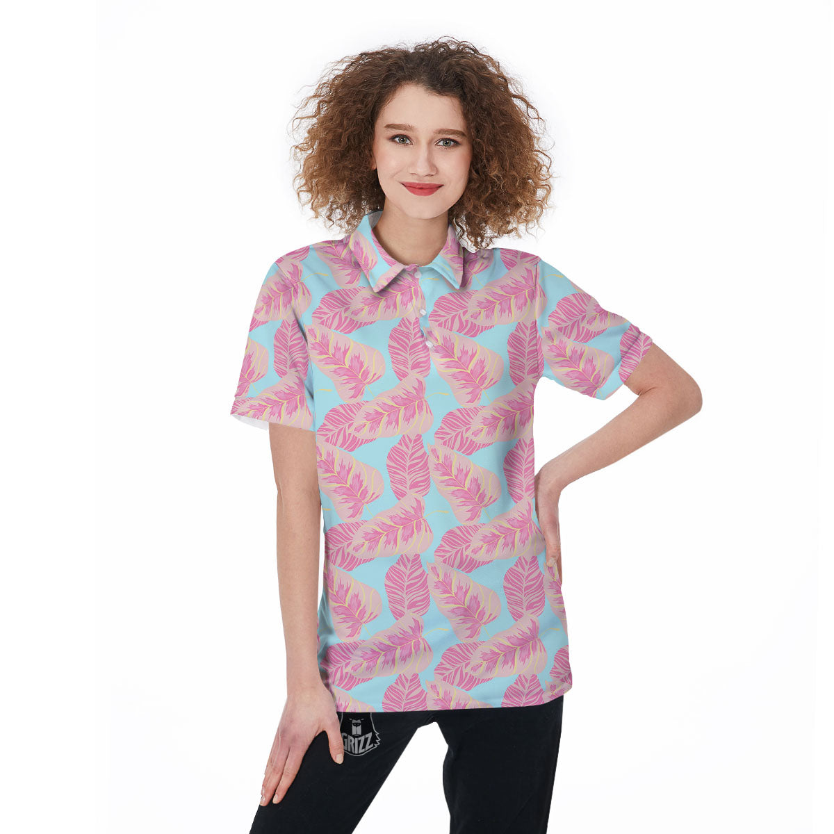 Tropical Leaf Pink And Teal Print Pattern Women's Golf Shirts-grizzshop