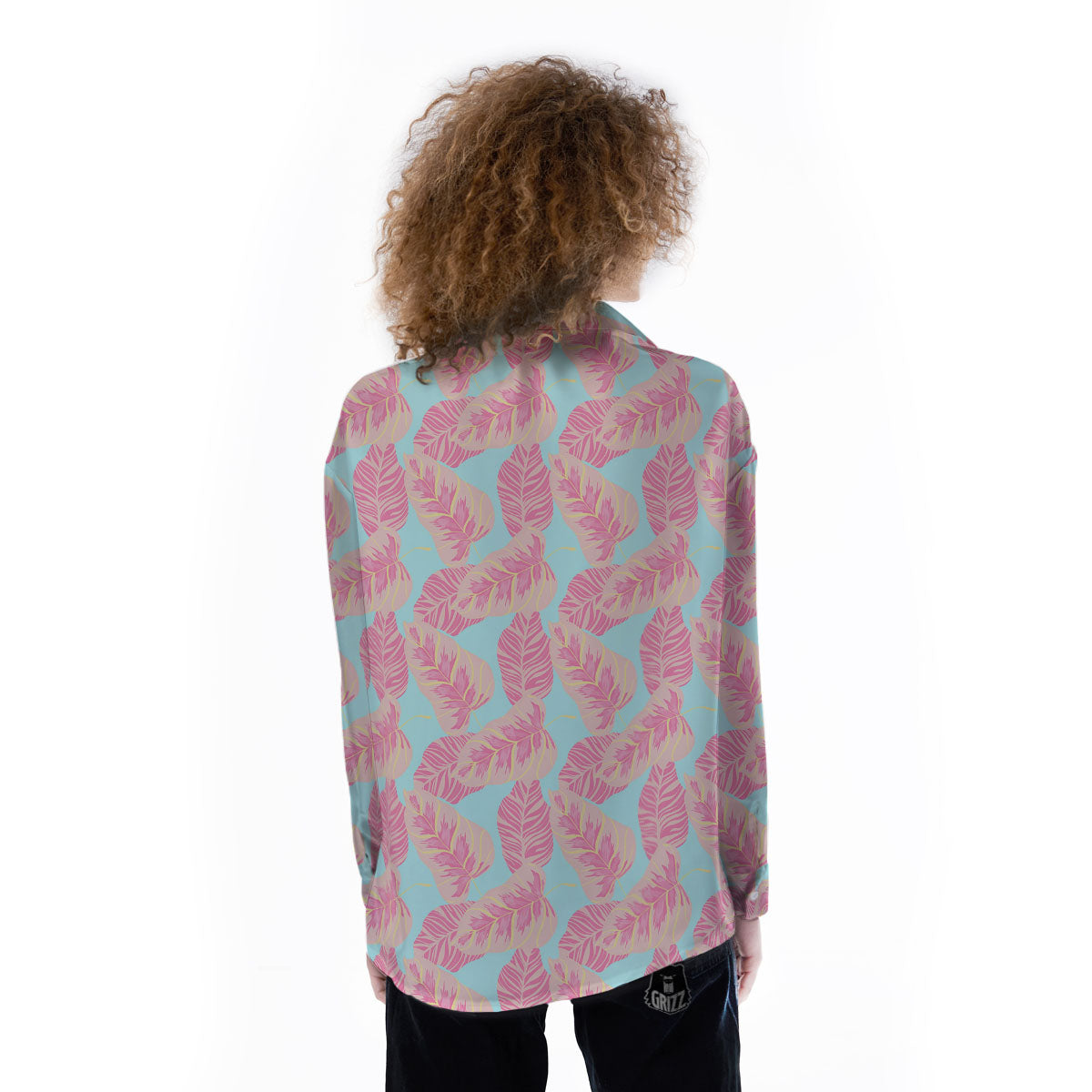 Tropical Leaf Pink And Teal Print Pattern Women's Long Sleeve Shirts-grizzshop